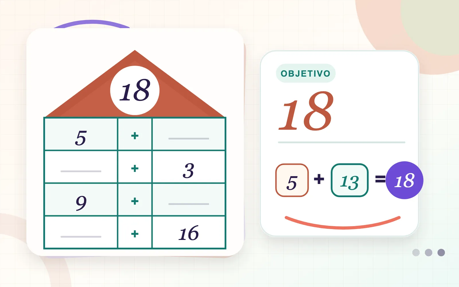 Muestra de Casitas de descomposición: parejas de sumandos que forman el número dieciocho