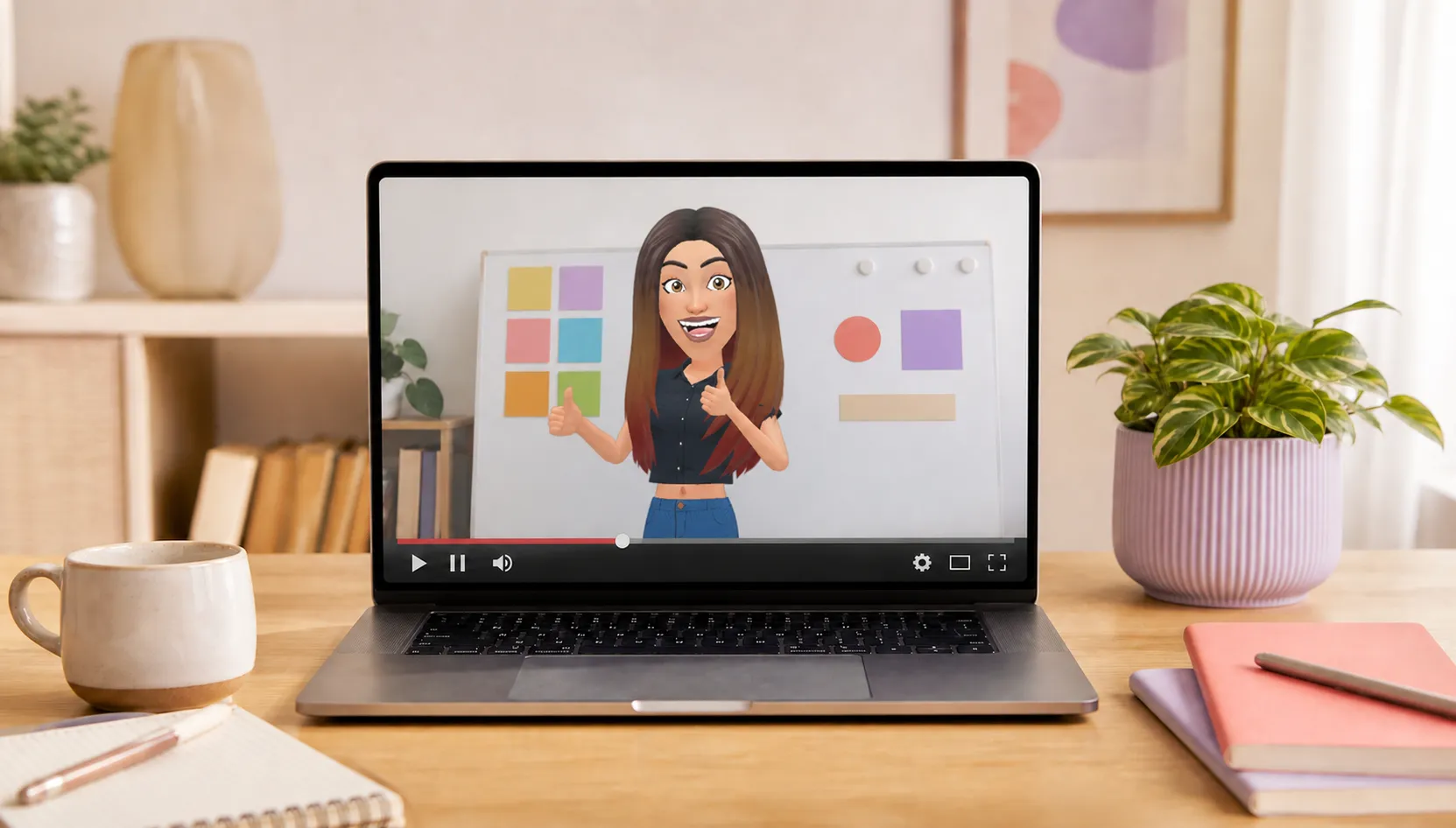 Portátil sobre un escritorio cuya pantalla muestra el avatar de Carmen en una formación online